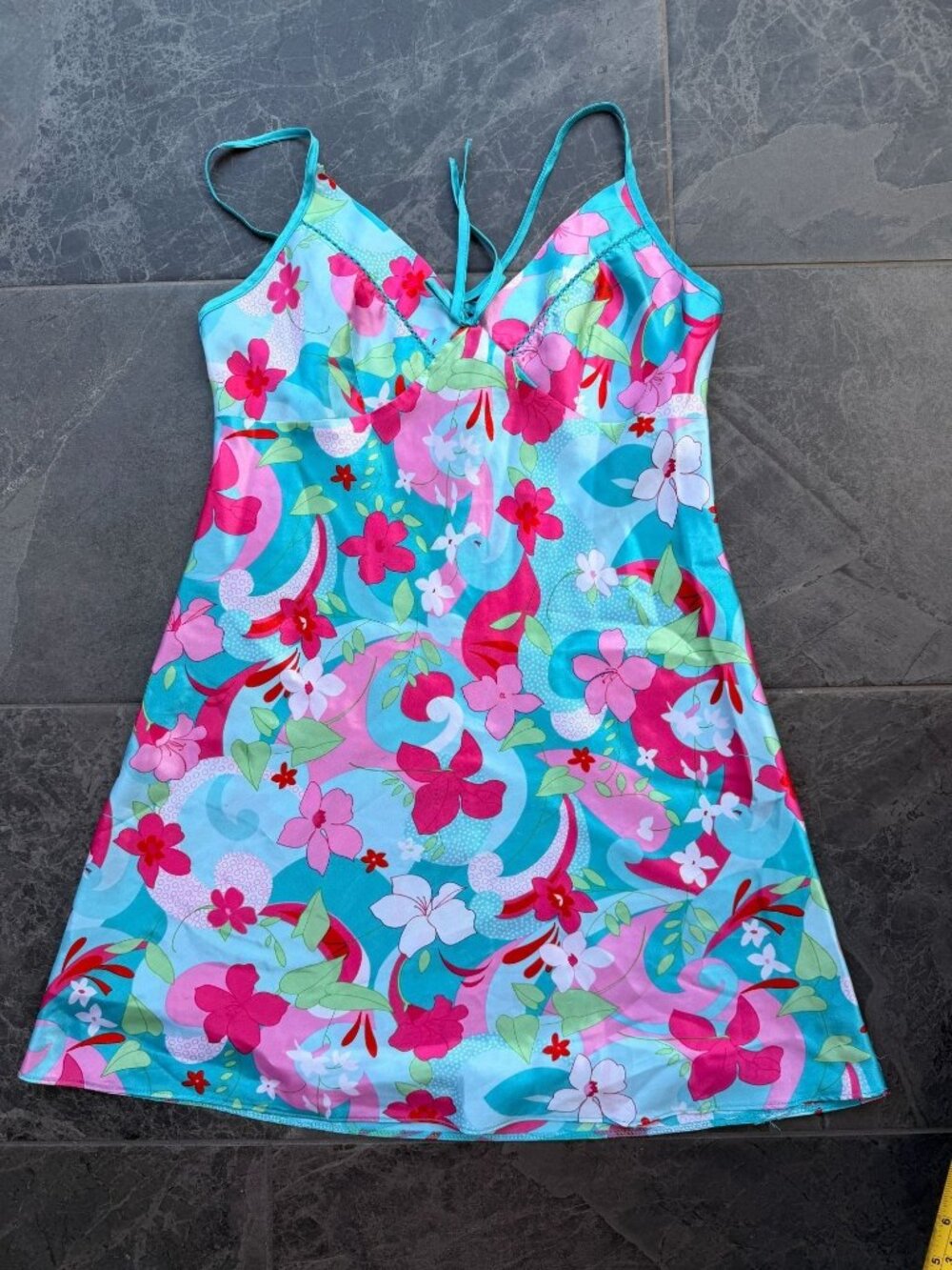 Y2K-style aqua blue and pink floral satin slip nightgown Kathryn XS S